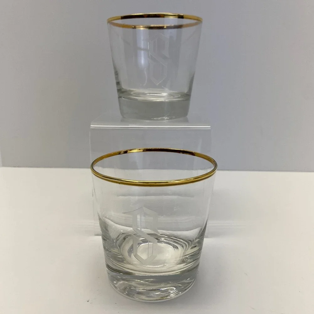 Set of 2 Etched Monogram S‎ Glasses Gold Rimmed Crystal Rocks Tumblers, Lowball